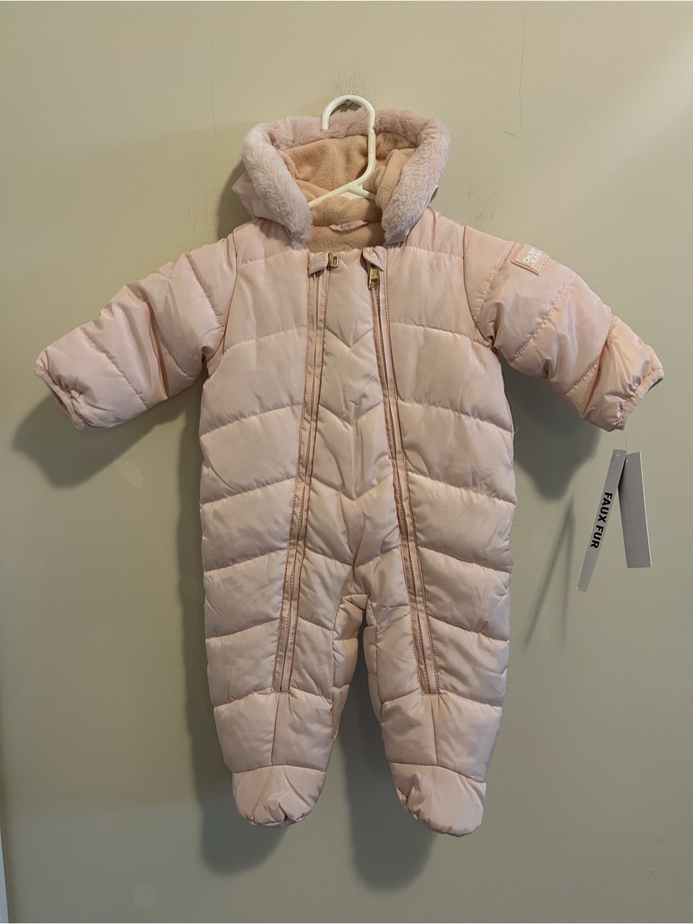 DKNY Light Pink Quilted Baby One-Piece Snowsuit with Hood
